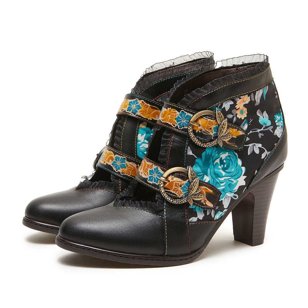 Blue Floral Handmade Leather High Heel Ankle Boots