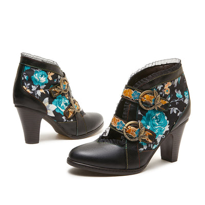 Blue Floral Handmade Leather High Heel Ankle Boots