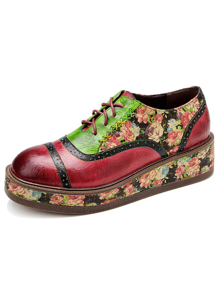 Chaussures Oxfords Florales Vintage Confortables à Coutures Décontractées
