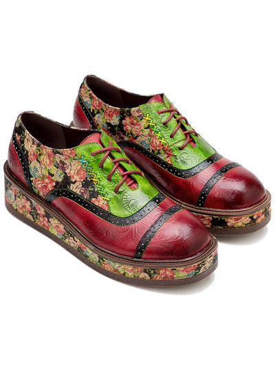 Chaussures Oxfords Florales Vintage Confortables à Coutures Décontractées